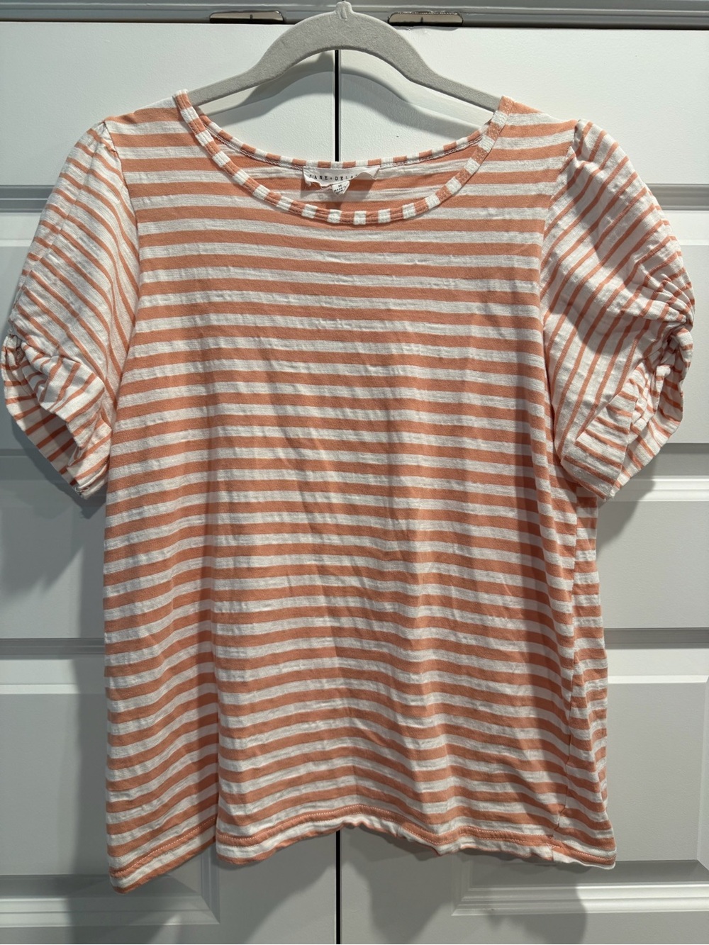 Jane & Delancey Striped Puff Sleeve Tee - Peach & White